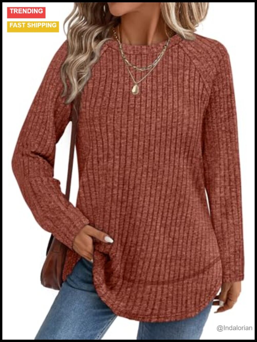 Long Sleeve Tunic Sweater Ribbed Loose Fit High Low Hem Side Slits Machine